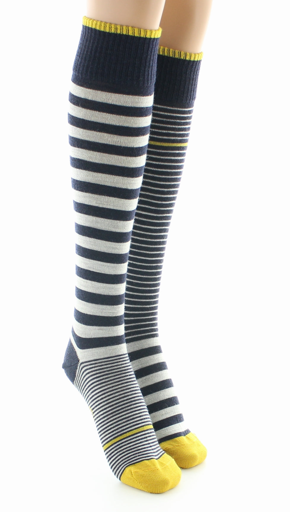 Chaussettes hautes femme laine peignée rayures asymétriques MARINE/JAUNE