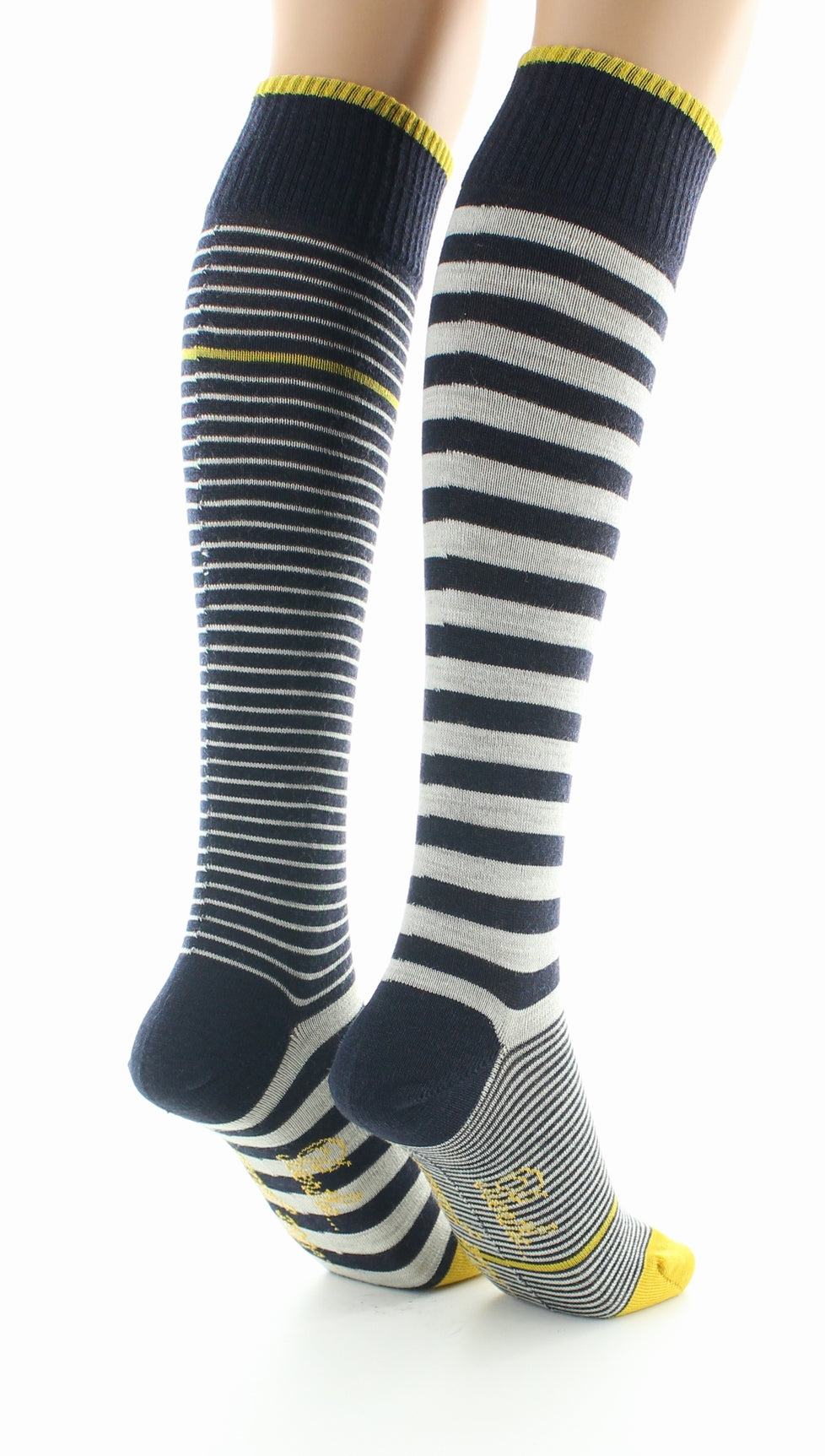 Chaussettes hautes femme laine peignée rayures asymétriques MARINE/JAUNE