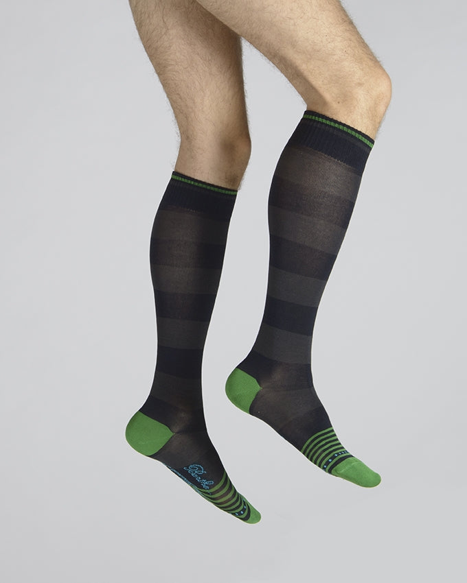 Chaussettes Hautes Grosses Rayures Marine Et Gris GRIS-VERT