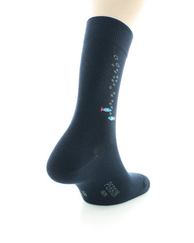 Chaussettes homme en coton peigné à baguette poissons MARINE
