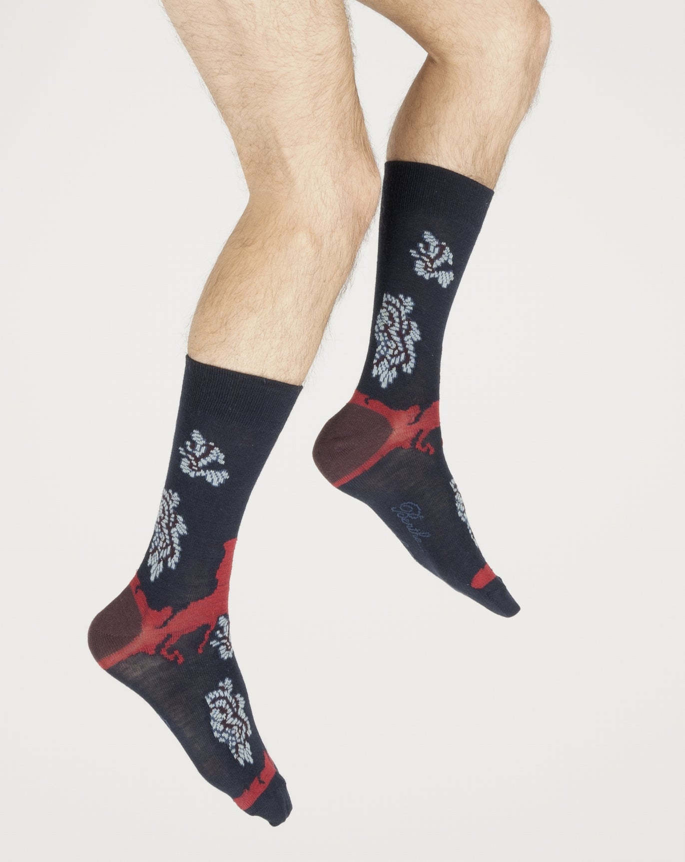 Chaussettes homme laine peignée fleurs de kimono MARINE