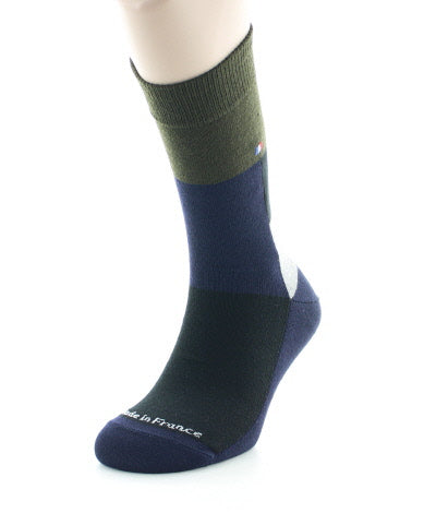 Chaussettes homme laine peignée patchwork MARINE/KAKI