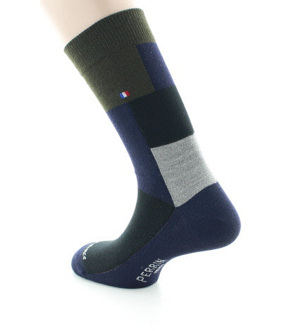 Chaussettes homme laine peignée patchwork MARINE/KAKI