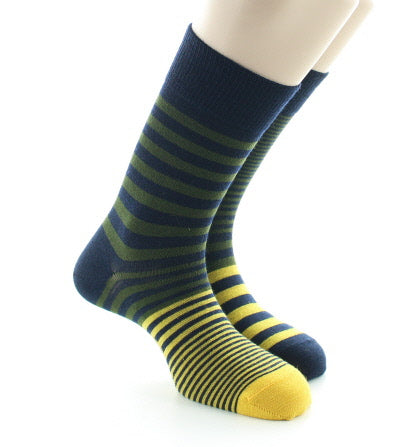 Chaussettes homme laine peignée rayures asymétriques bleu marine, kaki et jaune MARINE/KAKI