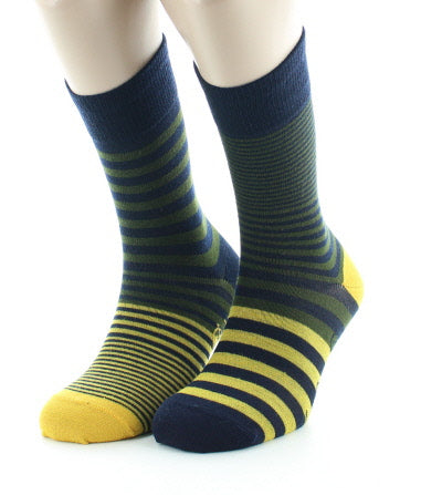 Chaussettes homme laine peignée rayures asymétriques bleu marine, kaki et jaune MARINE/KAKI