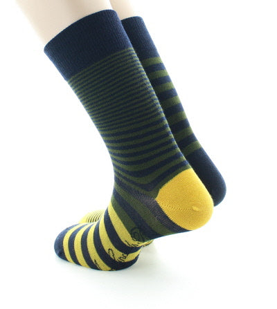 Chaussettes homme laine peignée rayures asymétriques bleu marine, kaki et jaune MARINE/KAKI