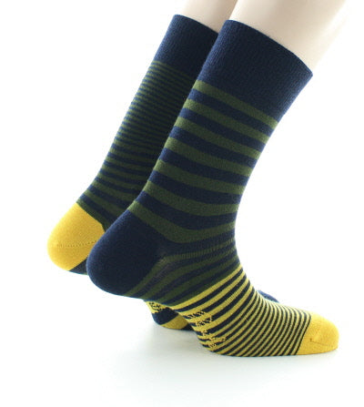 Chaussettes homme laine peignée rayures asymétriques bleu marine, kaki et jaune MARINE/KAKI