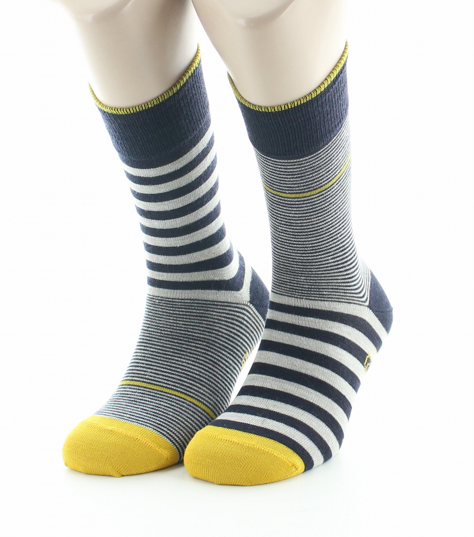 Chaussettes homme laine peignée rayures asymétriques MARINE/JAUNE