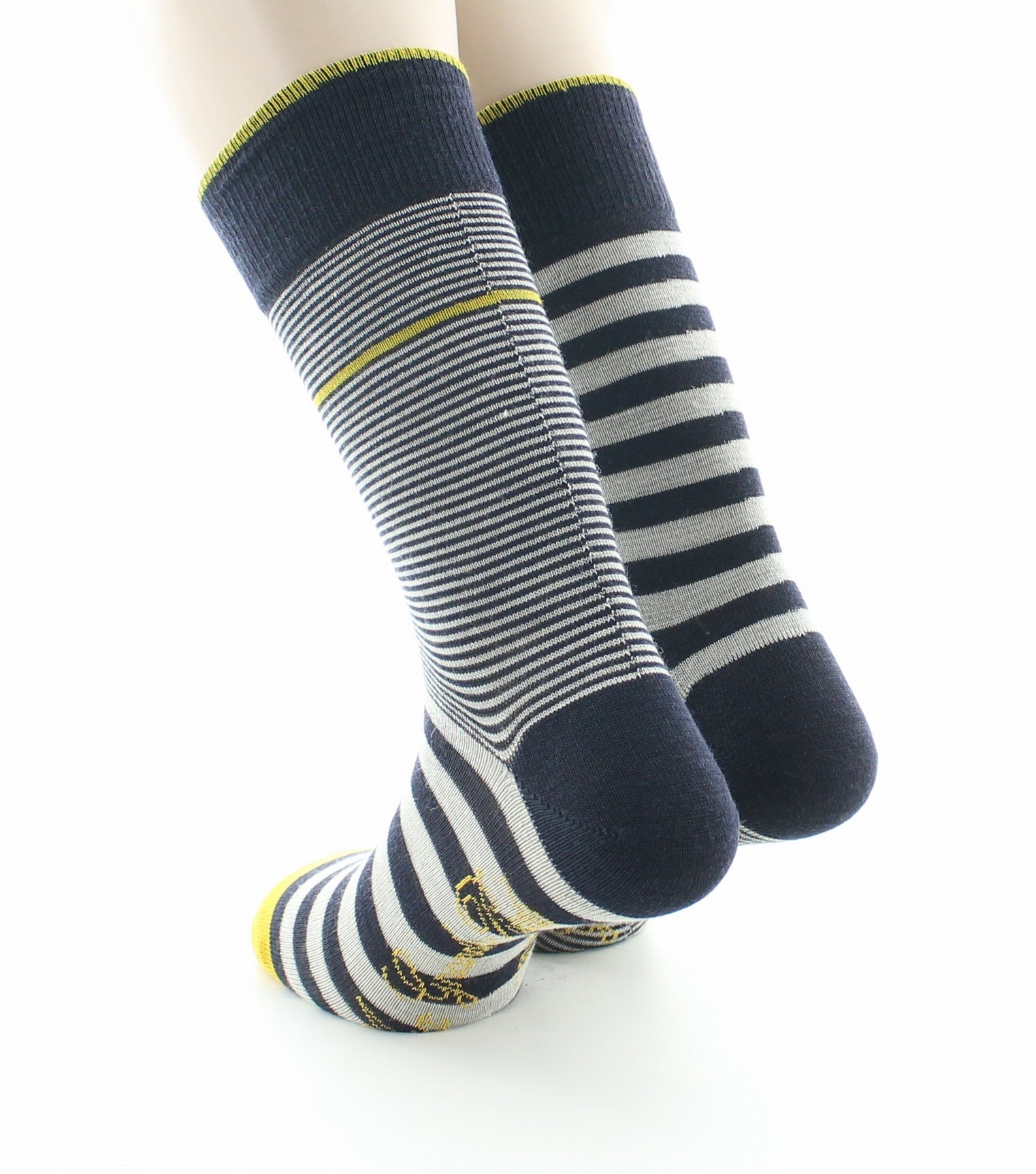 Chaussettes homme laine peignée rayures asymétriques MARINE/JAUNE