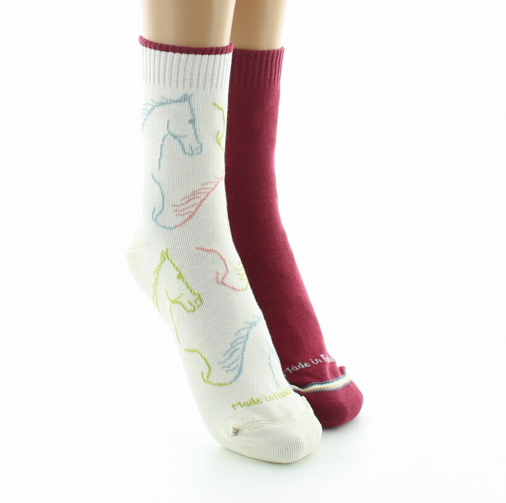 Chaussettes réversibles femme coton cheval écru et bordeaux ECRU/BORDEAUX