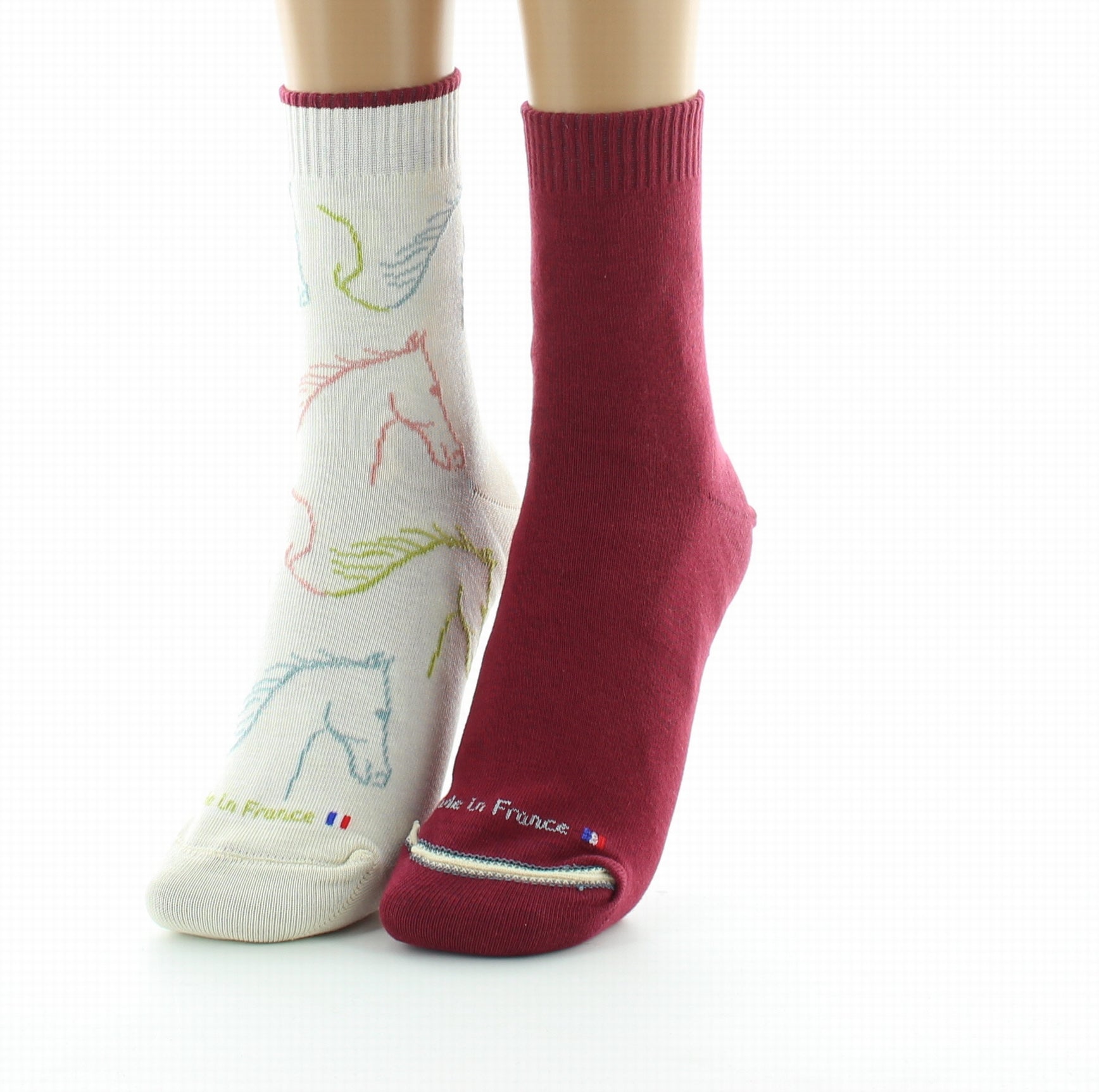 Chaussettes réversibles femme coton cheval écru et bordeaux ECRU/BORDEAUX