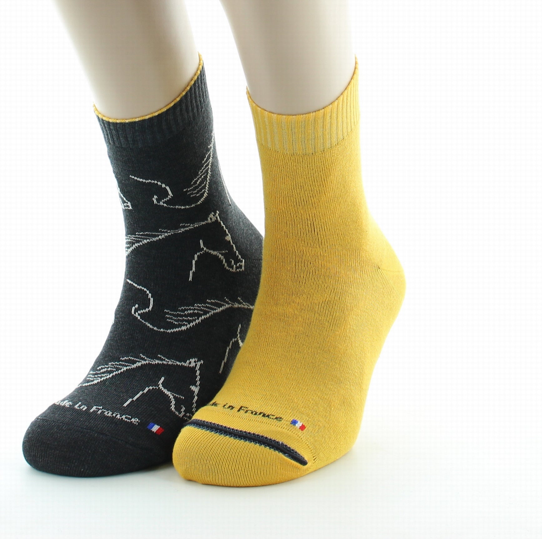 Chaussettes réversibles homme coton cheval anthracite et jaune ANTHRACITE/JAUNE