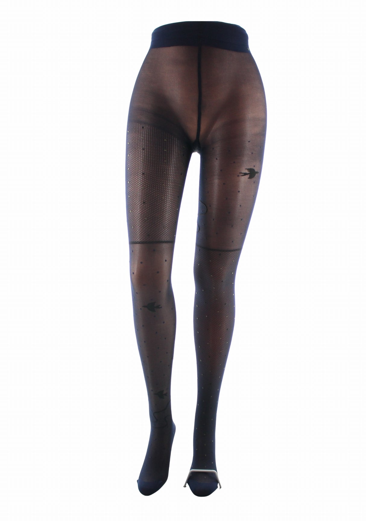 Collant fin 30 deniers femme Berthe Aux Grands Pieds asymétrique oiseaux résille Marine Kaki/Noir/Marine Oiseau Noir MARINE/KAKI/NOIR