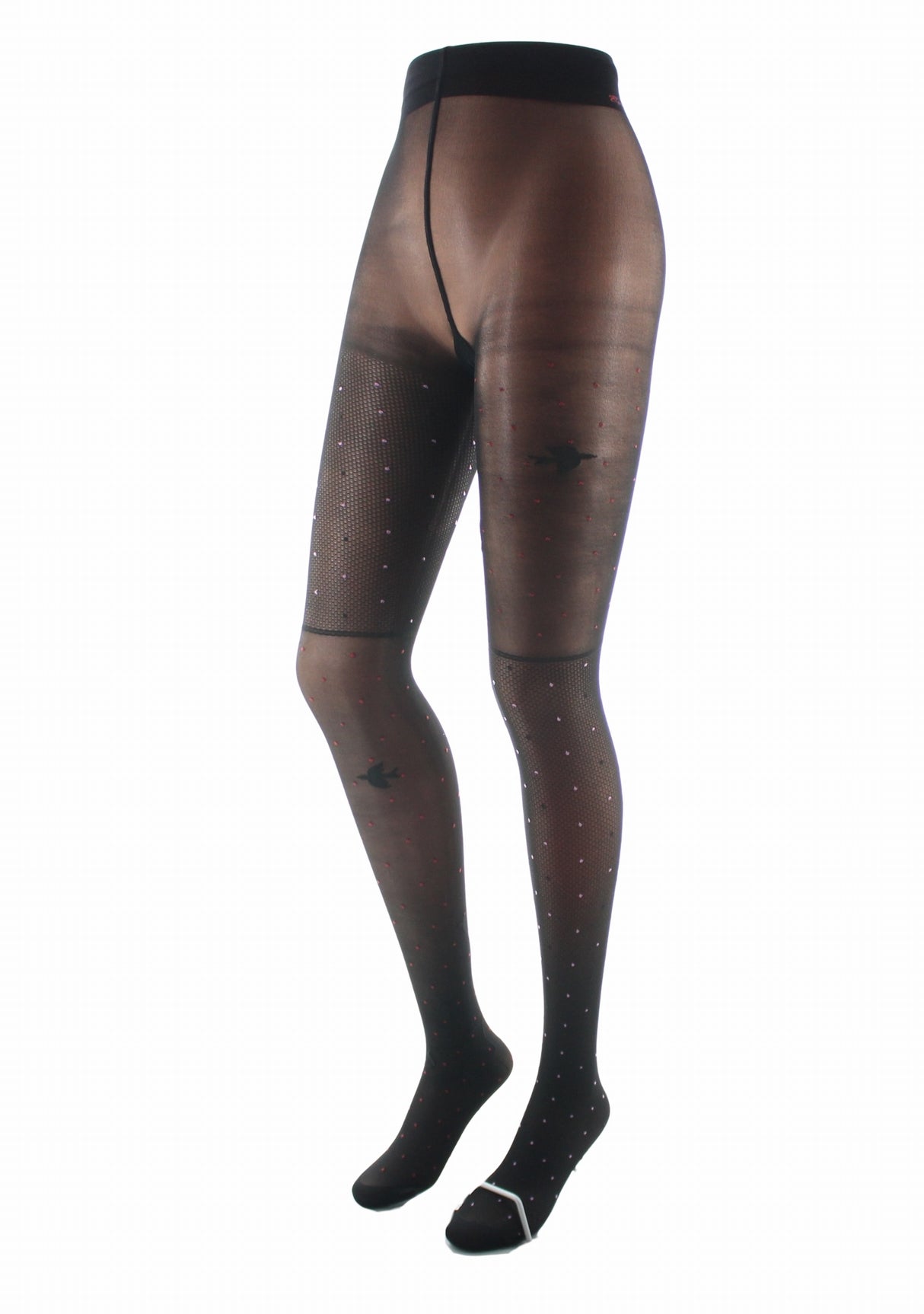 Collant fin 30 deniers femme Berthe Aux Grands Pieds asymétrique oiseaux résille Noir Rouge/Rose/Noir Oiseau Noir NOIR/ROUGE/ROSE/NOIR