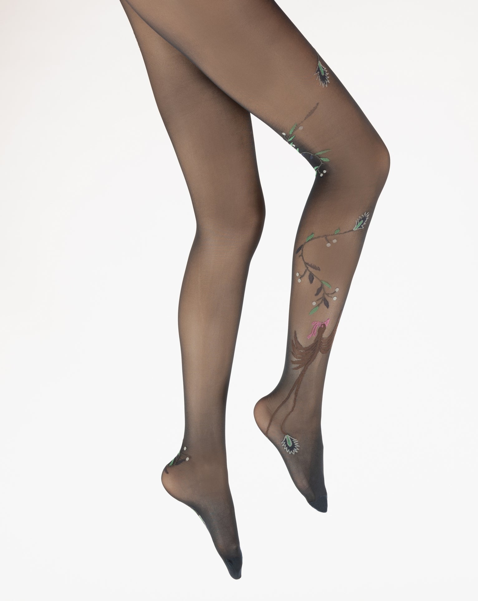 Collants 30D femme marine oiseau marron et vert MARINE/MARRON