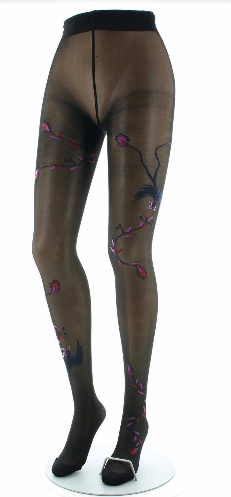 Collants 30D femme noir oiseau marine et rose NOIR/MARINE