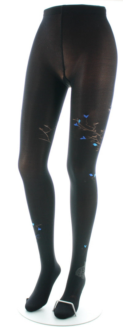 Collants 40D Arbre noir et Oiseaux bleus NOIR/BLEU