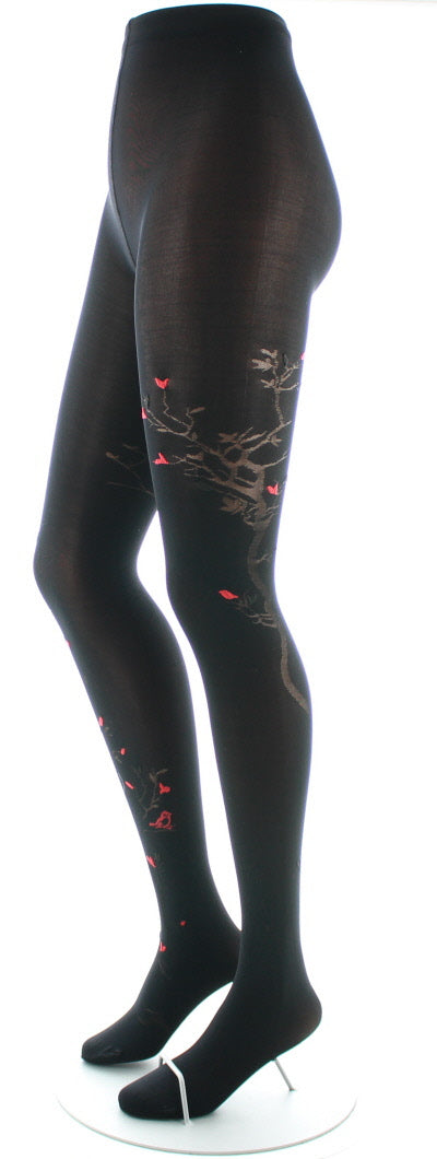 Collants 40D Arbre noir et Oiseaux rouges NOIR/ROUGE