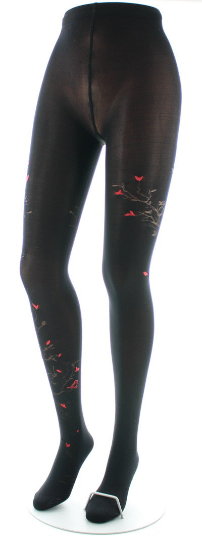 Collants 40D Arbre noir et Oiseaux rouges NOIR/ROUGE