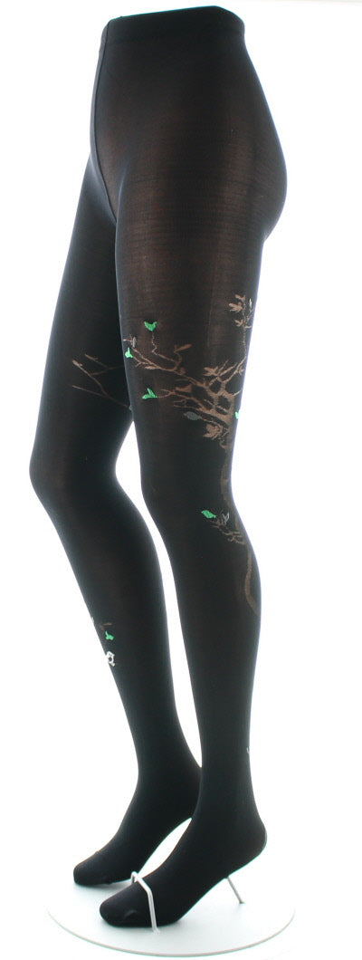 Collants 40D Arbre noir et Oiseaux verts NOIR/VERT