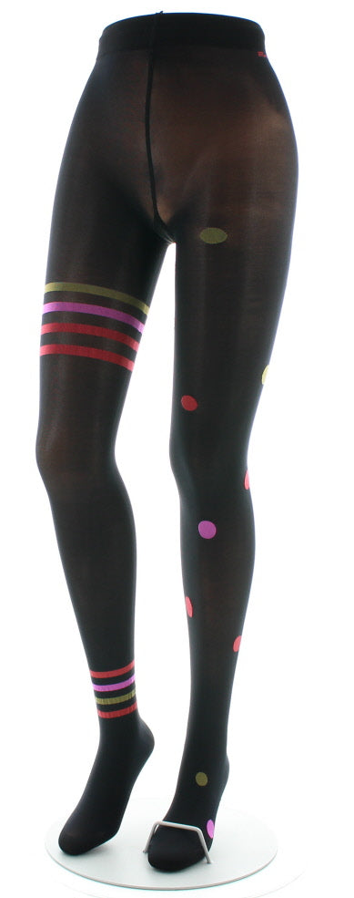 Collants Asymétrie pois et rayures Noir et Rose NOIR-ROSE