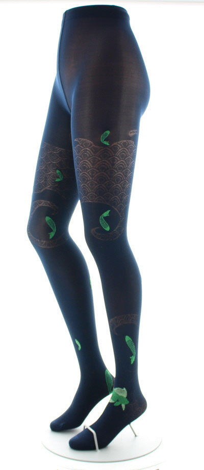 Collants femme 40D poissons bleu marine et vert MARINE/VERT