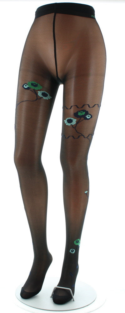 Collants Fleurs Vertes et Bleues fond Noir NOIR/VERT/BLEU