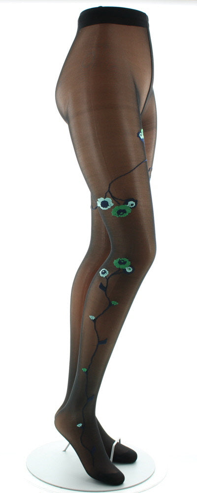 Collants Fleurs Vertes et Bleues fond Noir NOIR/VERT/BLEU