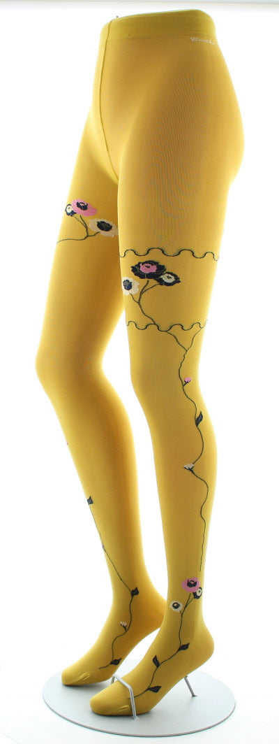Collants ocre semi-opaque à fleurs roses et beige ROUGE