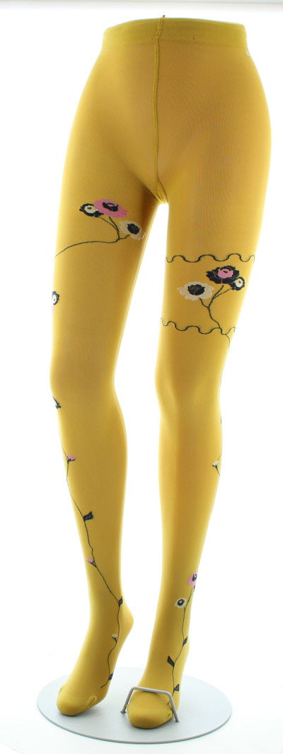 Collants ocre semi-opaque à fleurs roses et beige ROUGE