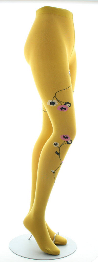 Collants ocre semi-opaque à fleurs roses et beige ROUGE