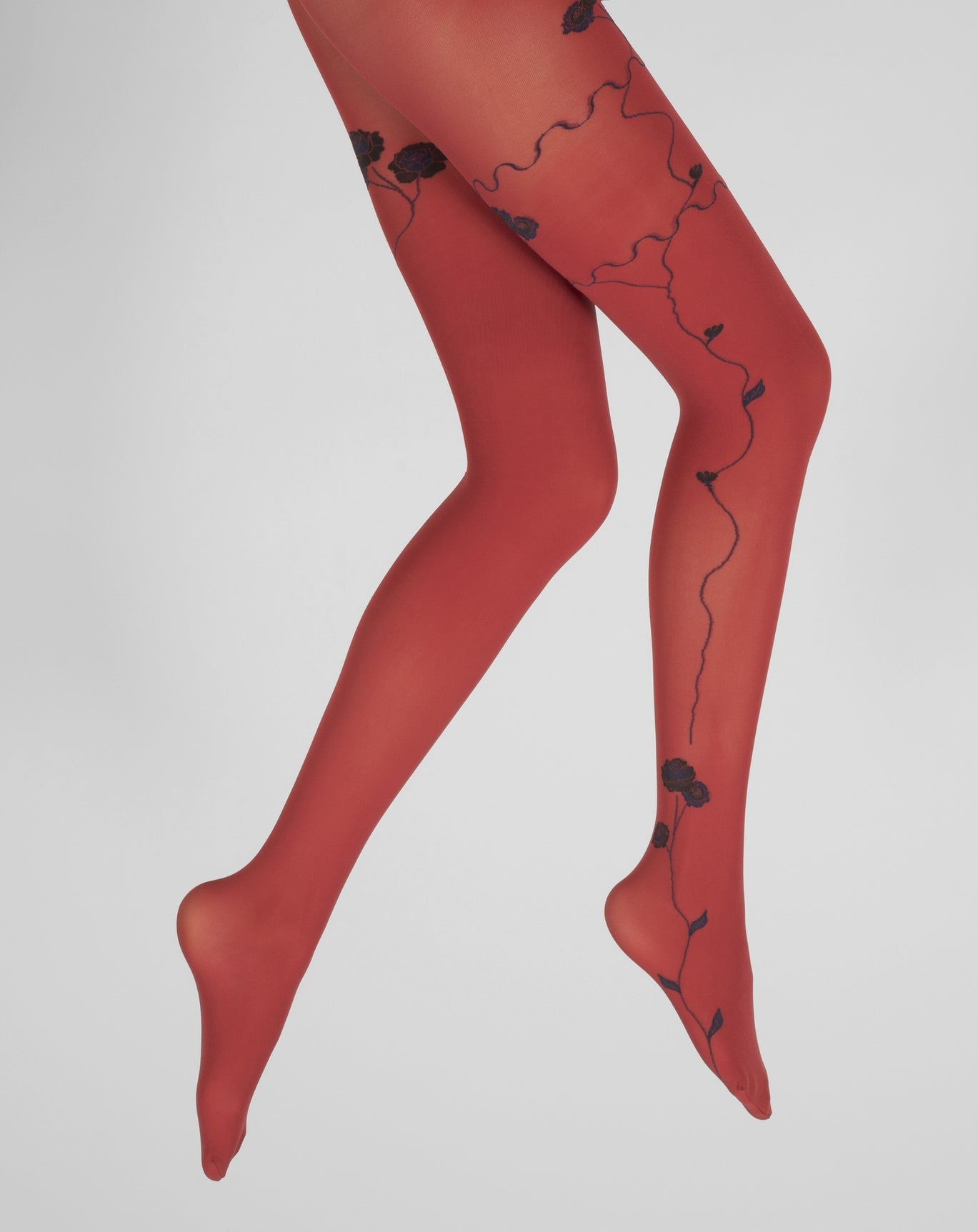 Collants rouge semi-opaque à fleurs noires et marine ROUGE