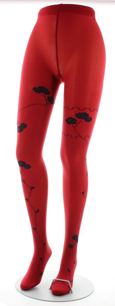 Collants rouge semi-opaque à fleurs noires et marine ROUGE