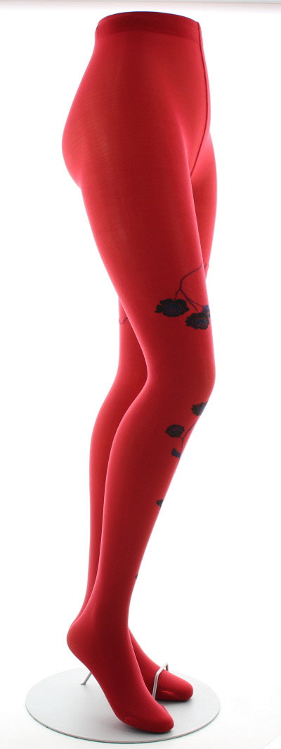 Collants rouge semi-opaque à fleurs noires et marine ROUGE