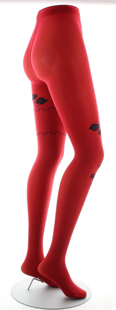 Collants rouge semi-opaque à fleurs noires et marine ROUGE