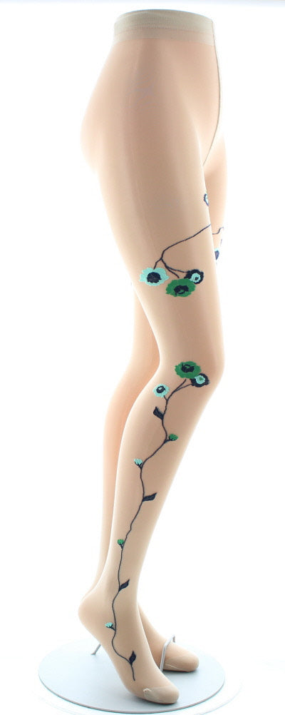 Collants Tatoo Fleurs Vertes et Bleues couleur chair CHAIR/VERT/BLEU