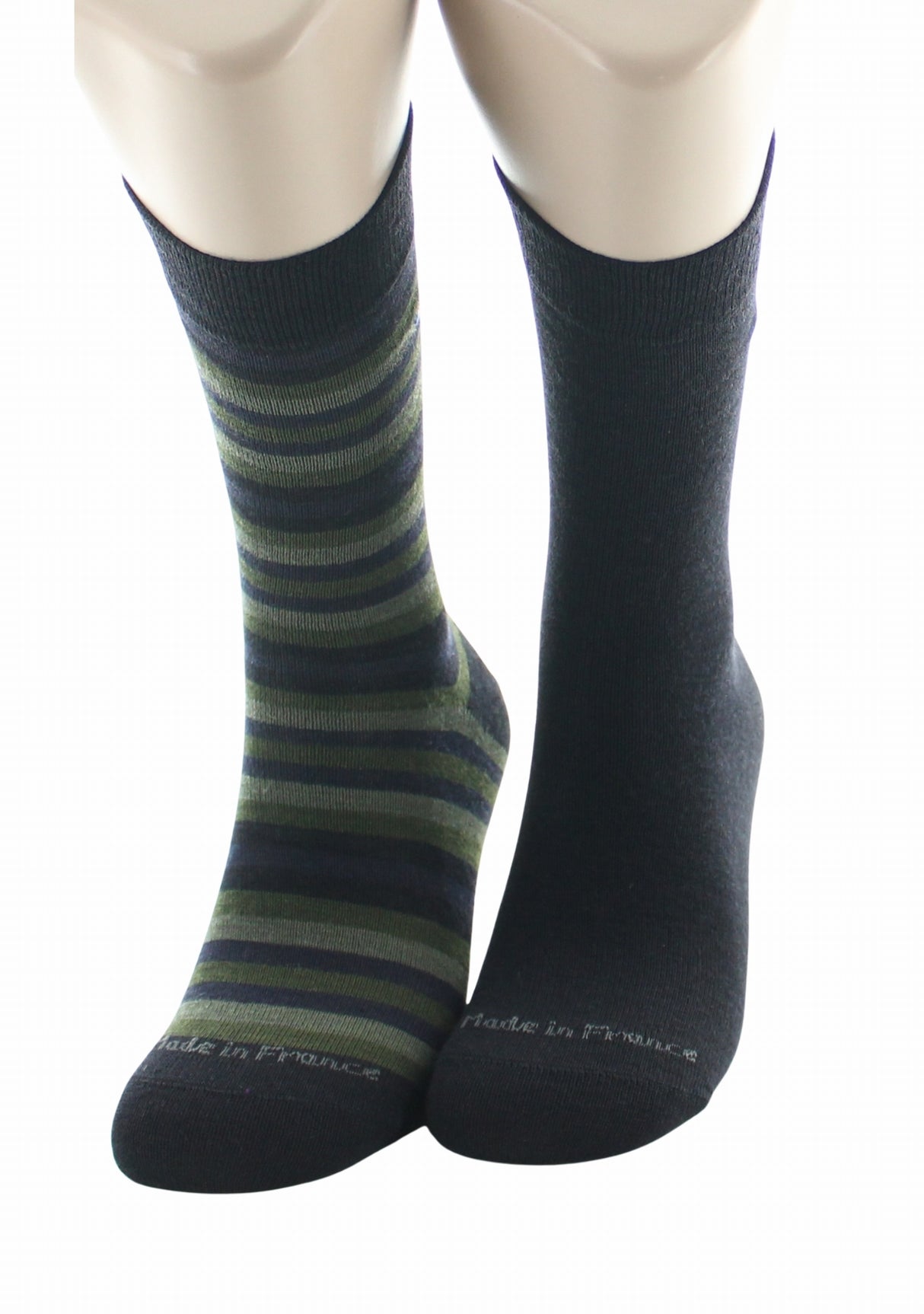 Duo chaussettes en laine mérinos Perrin Noir uni/Noir & Kaki rayé NOIR/KAKI