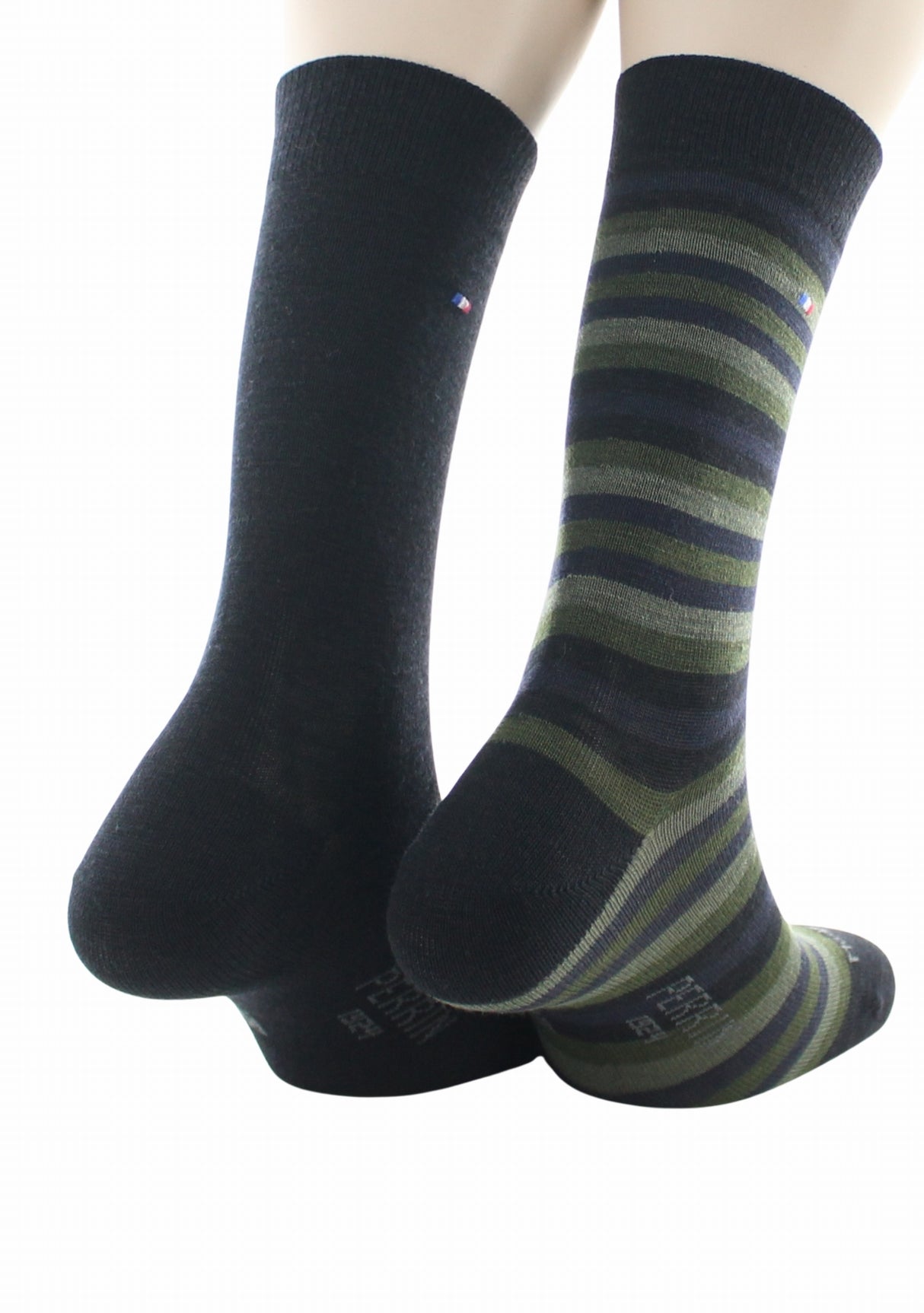Duo chaussettes en laine mérinos Perrin Noir uni/Noir & Kaki rayé NOIR/KAKI