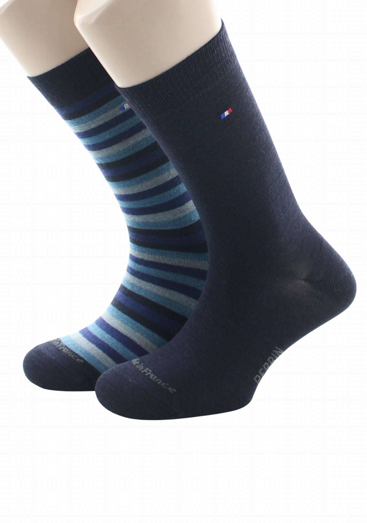 Duo de chaussettes en laine mérinos Perrin Marine uni/Noir, Marine, Gris rayé MARINE