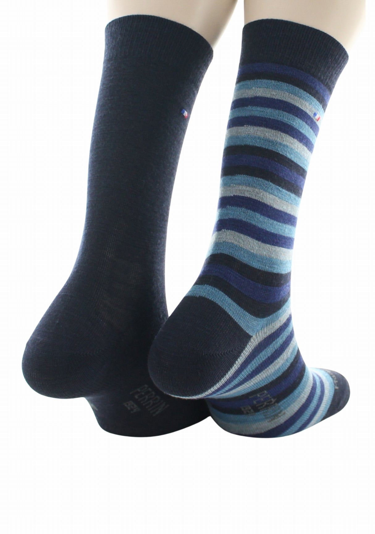 Duo de chaussettes en laine mérinos Perrin Marine uni/Noir, Marine, Gris rayé MARINE