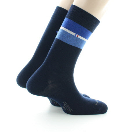 Lot 2 paires chaussettes homme laine peignée bandes colorées MARINE