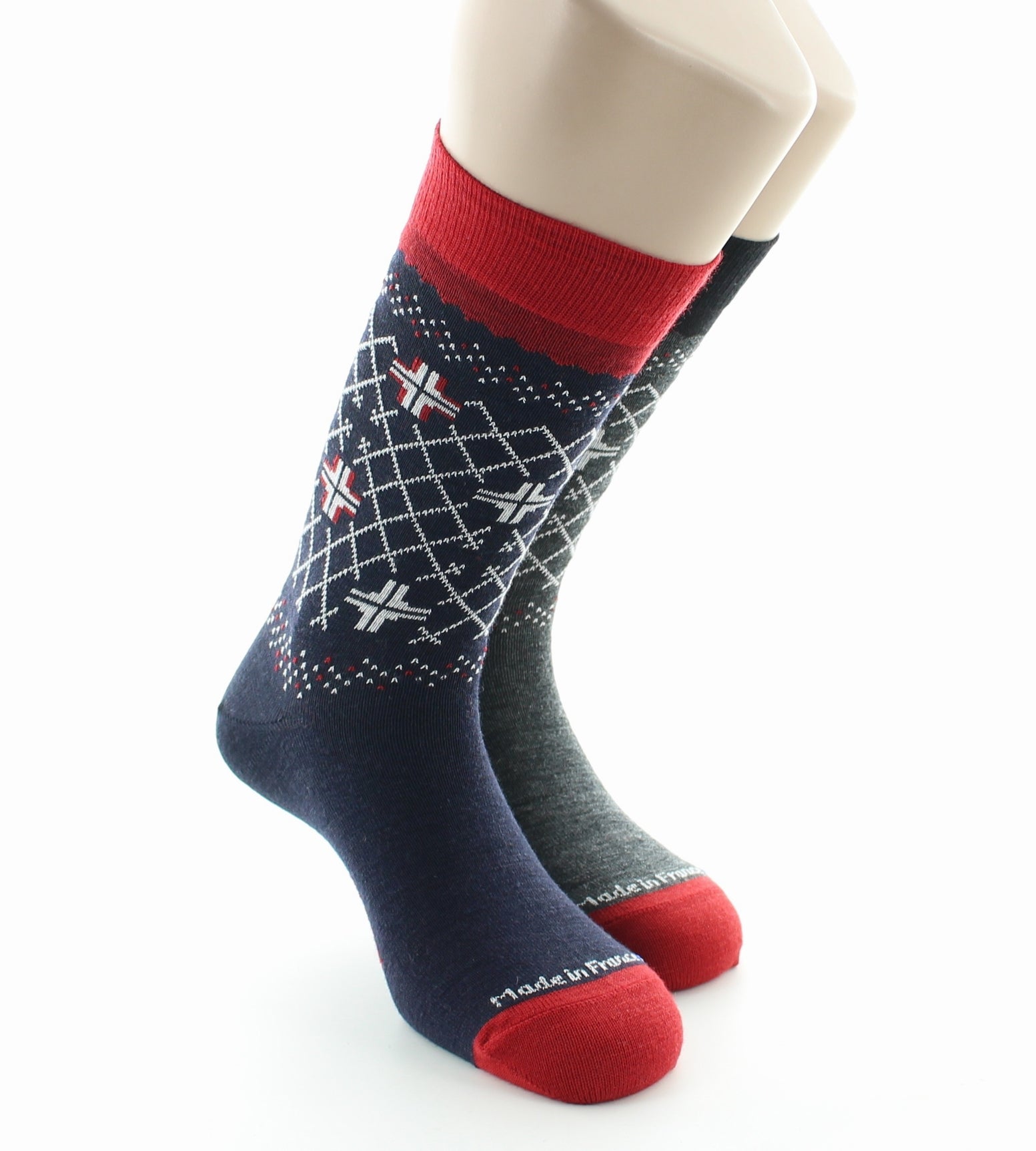 Lot de 2 paires Chaussettes Nordiques en laine peignée NOIR-MARINE