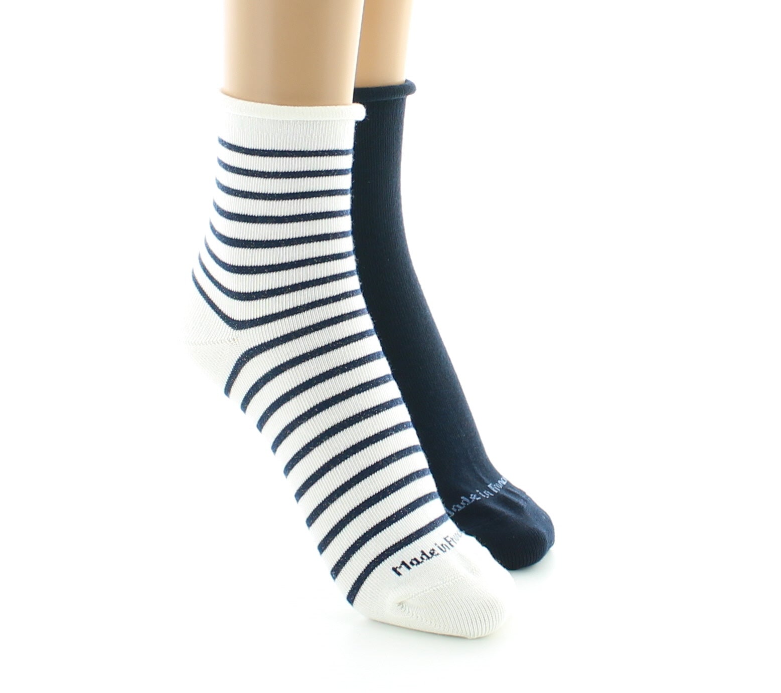 Lot de 2 paires Coton lurex Bord roulotté Marine/Ecru MARINE-ECRU