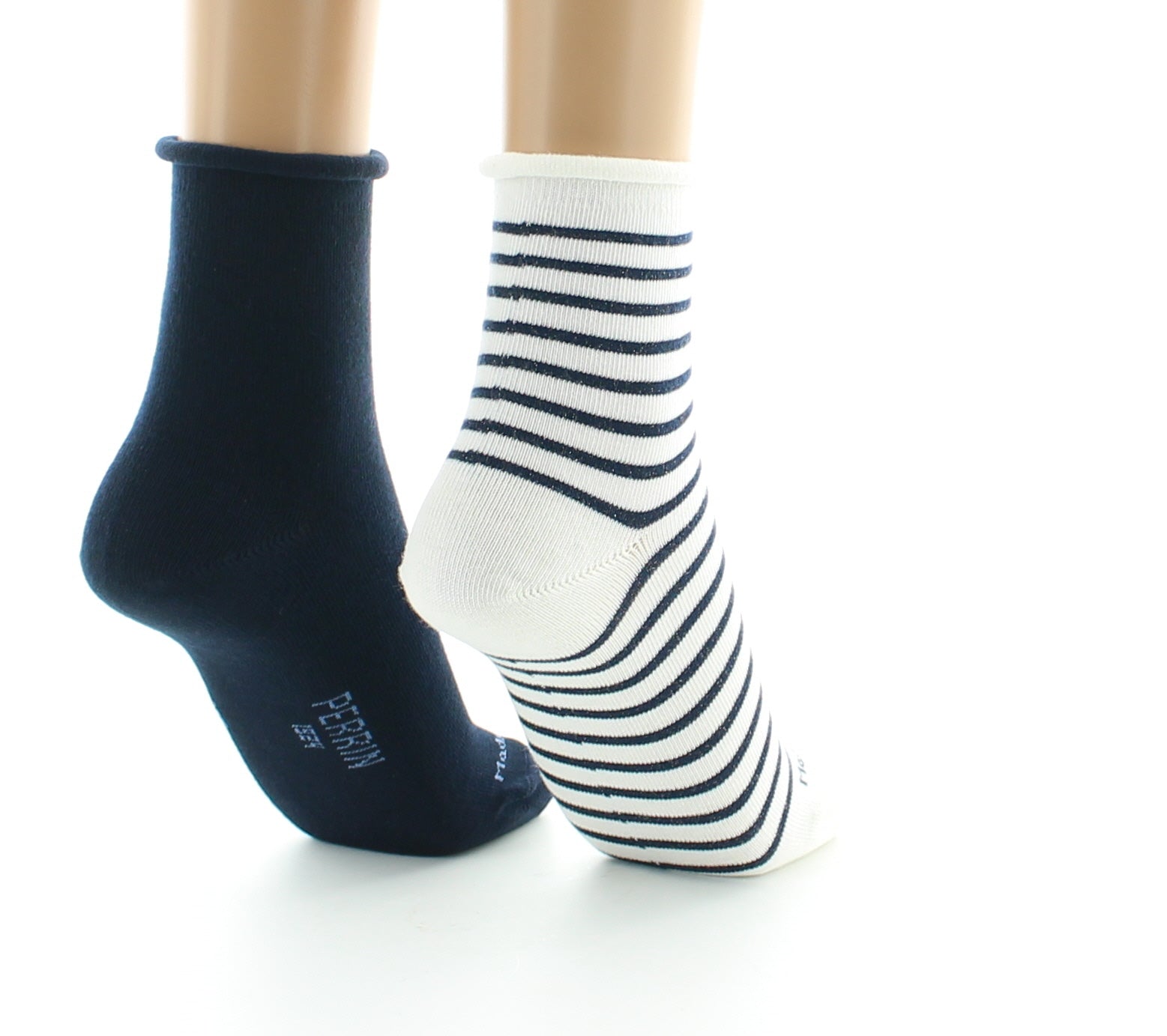 Lot de 2 paires Coton lurex Bord roulotté Marine/Ecru MARINE-ECRU