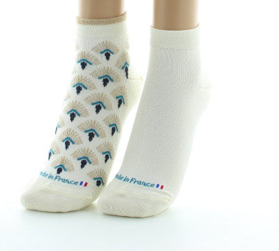Lot de 2 paires Socquettes Femme Art déco en coton fil d'Écosse ECRU/TURQUOISE
