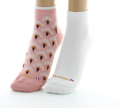 Lot de 2 paires Socquettes Femme Art déco en coton fil d'Écosse VIEUX ROSE/BLANC
