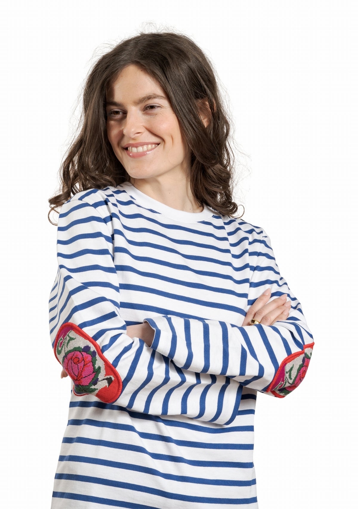 Marinière femme Berthe Aux Grands Pieds col rond coudières fleur de rose blanc bleu électrique BLA/BLE
