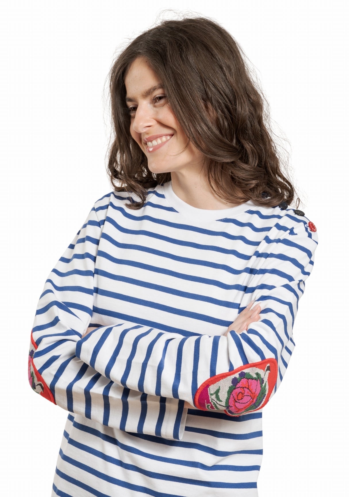 Marinière femme Berthe Aux Grands Pieds col rond coudières fleur de rose blanc bleu électrique BLA/BLE
