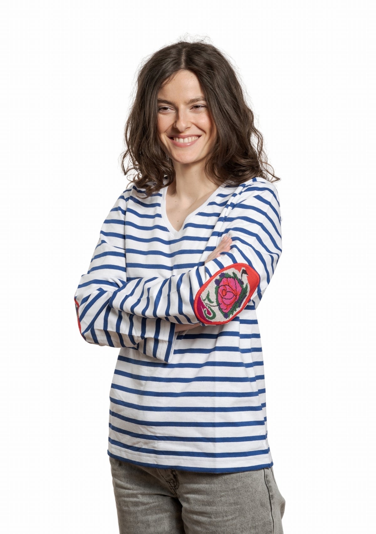 Marinière femme Berthe Aux Grands Pieds col V coudières fleur de rose blanc bleu électrique BLA/BLE