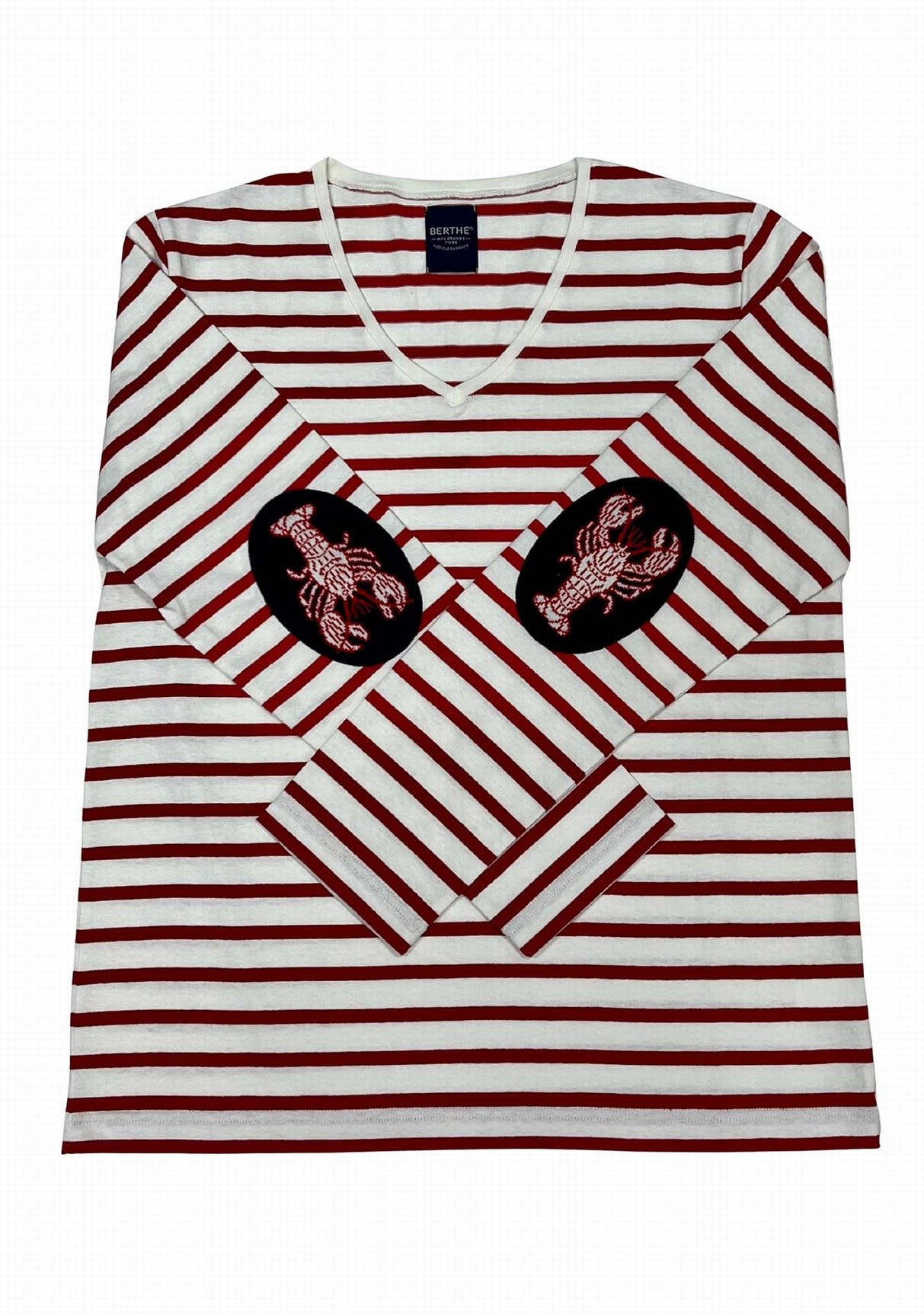 Marinière mixte Berthe Aux Grands Pieds col V coudières homard rouge ivoire ROU/IV